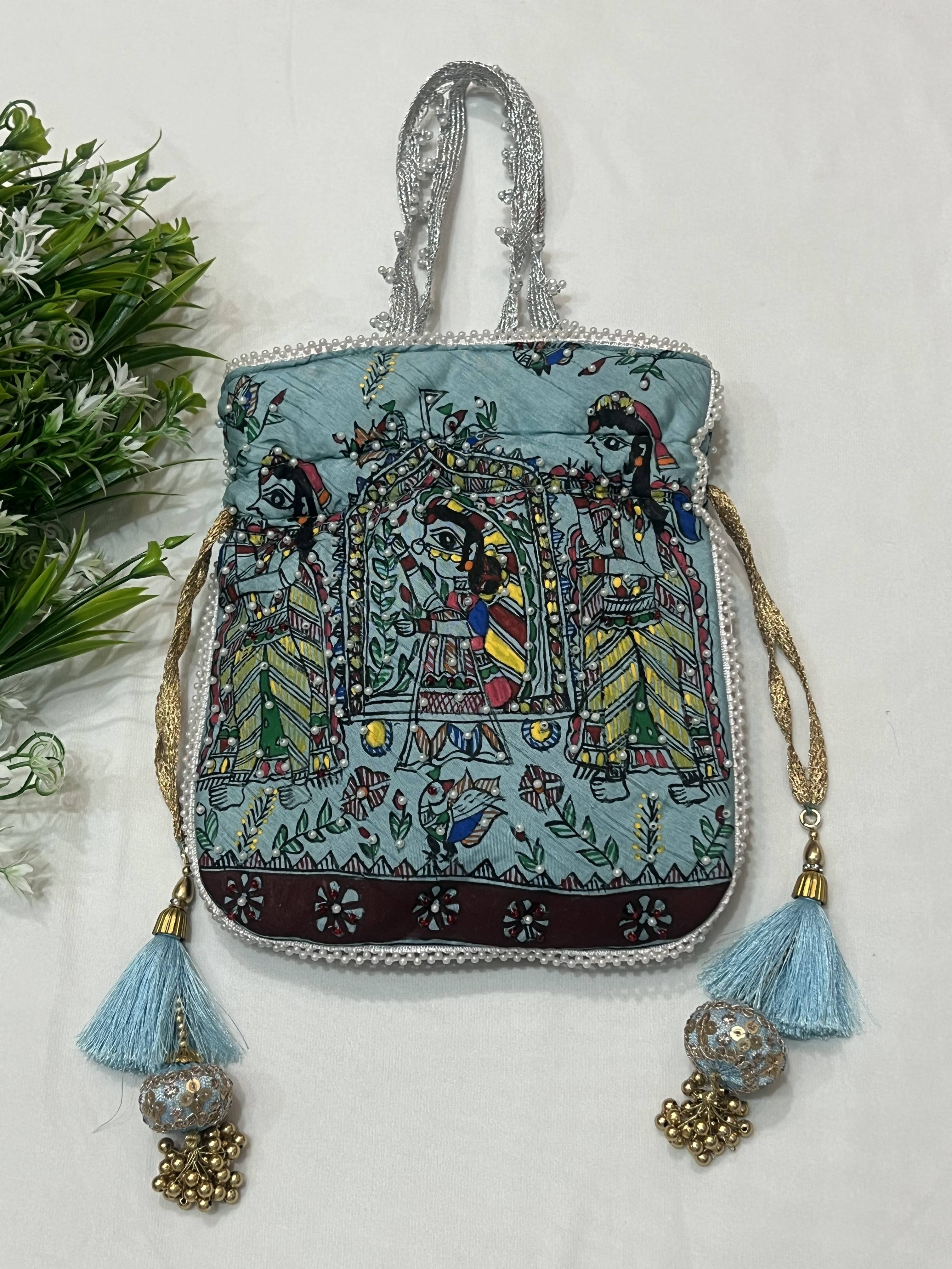 Hand-Painted Madhubani Blue Potli with Doli Ka Haar Motif